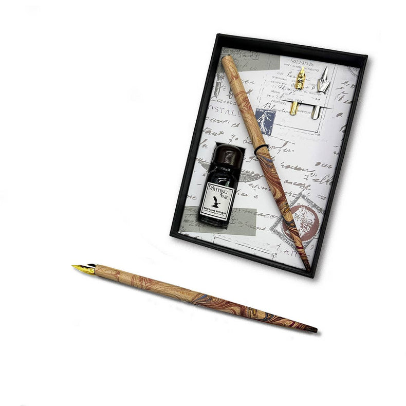 Calligraphy Dip Pen & Ink Starter Gift Set with Wood Pen: Brown Marble Pen with Sepia Ink