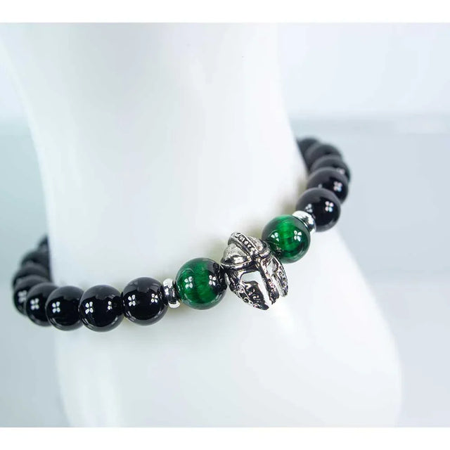 Black Agate/Tiger Eye & Warrior Helmet Elastic Bracelet 8mm Bead