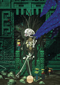Mystical skeleton with raven wings amid ancient ruins, crystals, and skulls for metaphysical decor