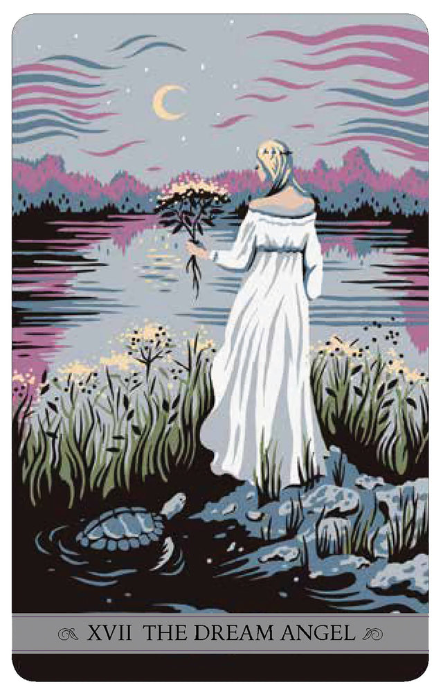 Tarot card XVII The Dream Angel, woman in white by moonlit lake with turtle, spiritual guidance art