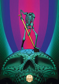 Skeleton holding staff atop ornate skull, vibrant metaphysical art for tarot and spiritual practice