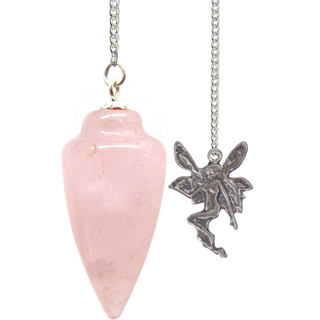 Rose quartz crystal pendulum with silver fairy charm on a chain, metaphysical tool