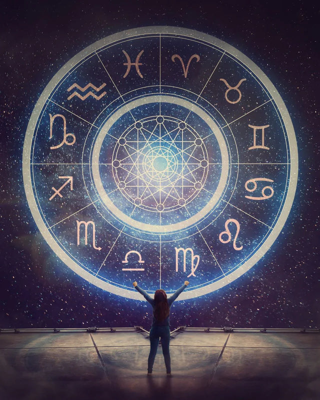 Person standing before large glowing zodiac wheel with astrology symbols and cosmic background
