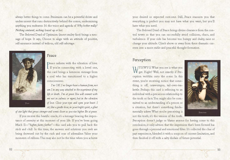 Tarot card spread showing Peace and Perception cards with angelic figures, spiritual guidebook text