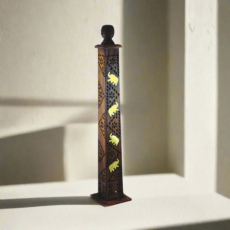 Large Hand Carved Wooden Incense Burner Tower - Elephants