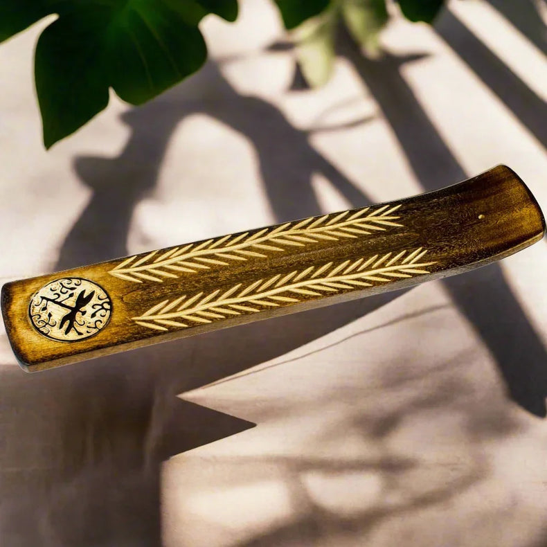 Wide Engraved Wood Incense Holder Dragonfly