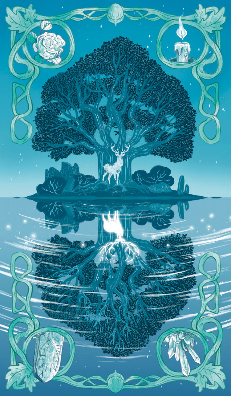 Mystical tarot card art with stag under tree, crystal, candle, rose; spiritual symbolism for metaphysical shop