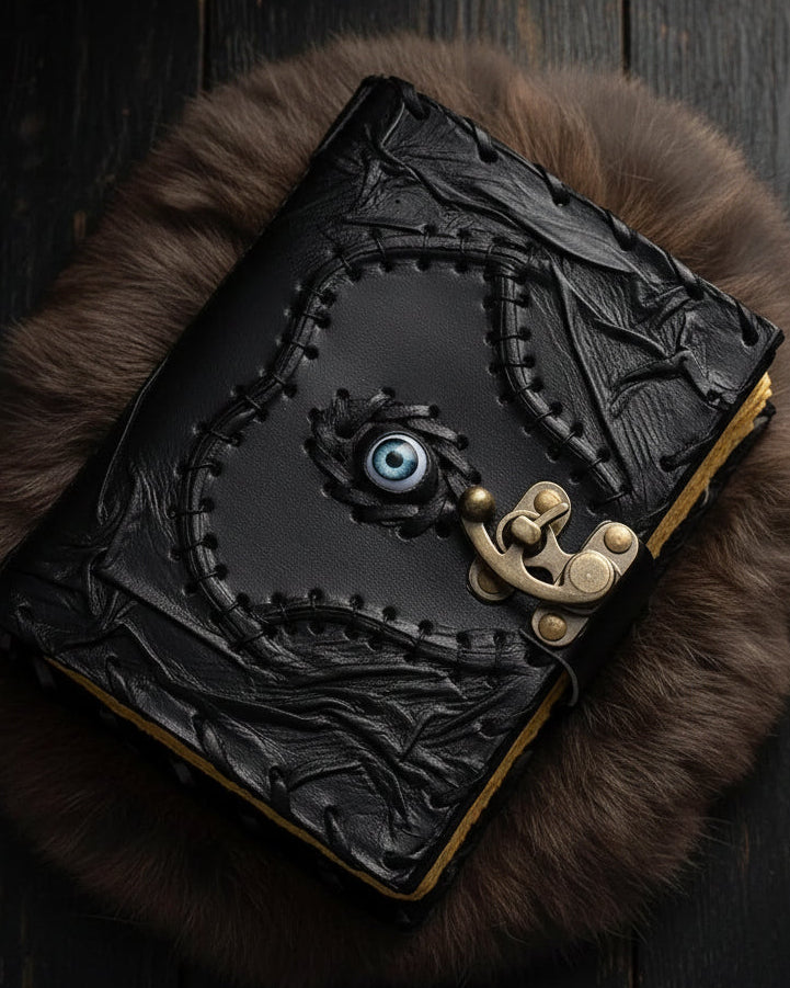 Handmade leather journal with blue eye emblem, mystical design, perfect for tarot or spiritual notes
