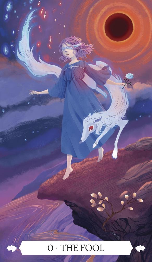 The Fool tarot card: mystical figure with white fox on cliff, cosmic sky, spiritual journey symbolism
