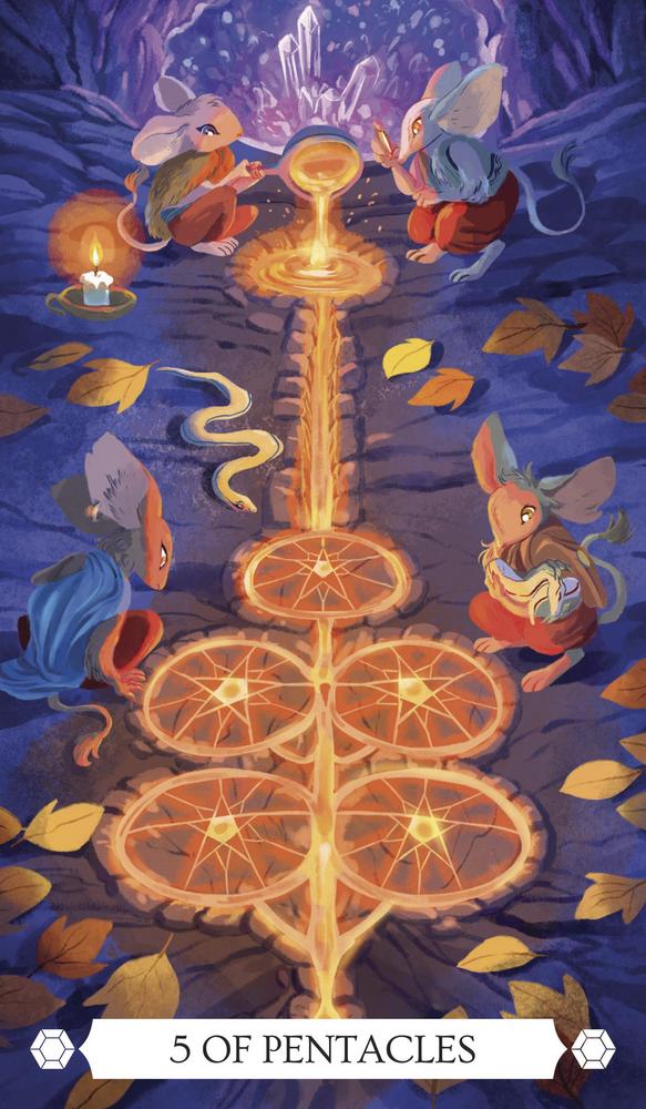 5 of Pentacles tarot card with mice, glowing pentacles, crystals, and autumn leaves in mystical forest setting