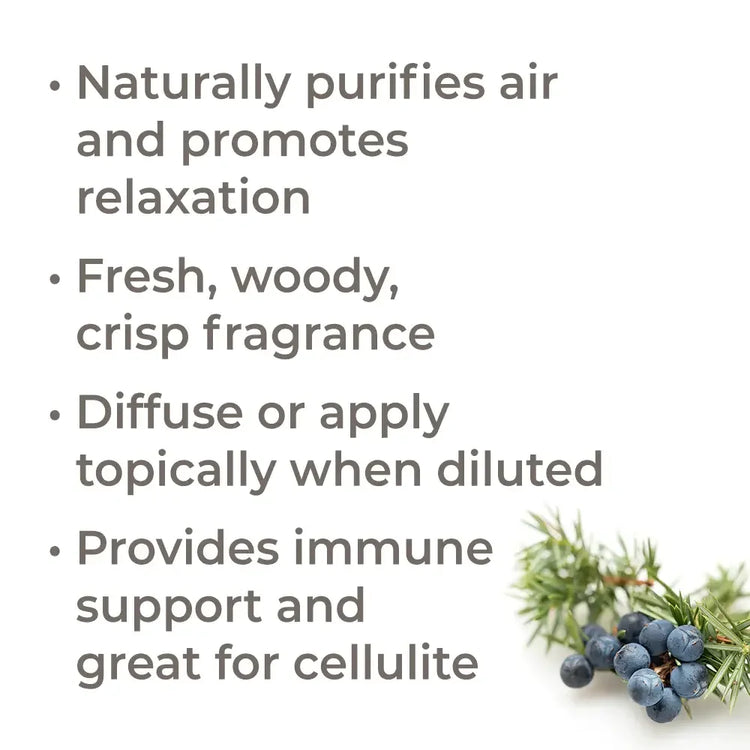 Juniper berries with text highlighting air purification, relaxation, woody aroma, and immune support benefits.