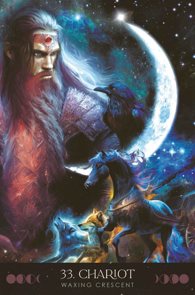 Chariot tarot card with bearded mystic, raven, horse, and crescent moon under starry sky