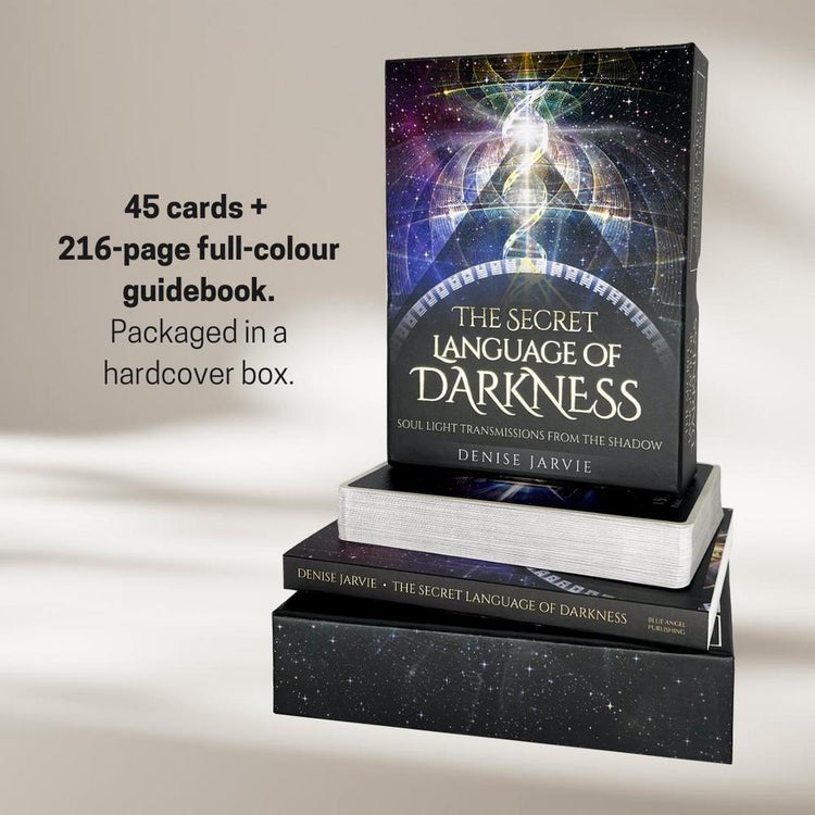 The Secret Language of Darkness tarot deck with 45 cards, 216-page guidebook, cosmic design, packaged in hardcover box