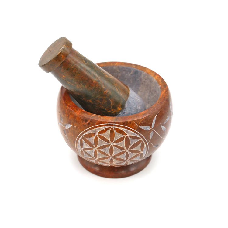 Mortar & Pestle Soapstone - Orange Flower of Life