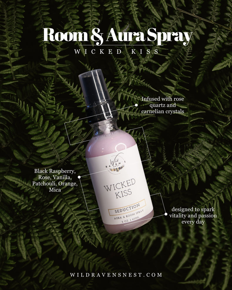 Wicked Kiss room and aura spray bottle with ingredients, set on green fern background