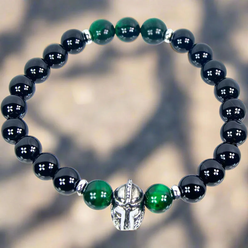Black Agate/Tiger Eye & Warrior Helmet Elastic Bracelet 8mm Bead