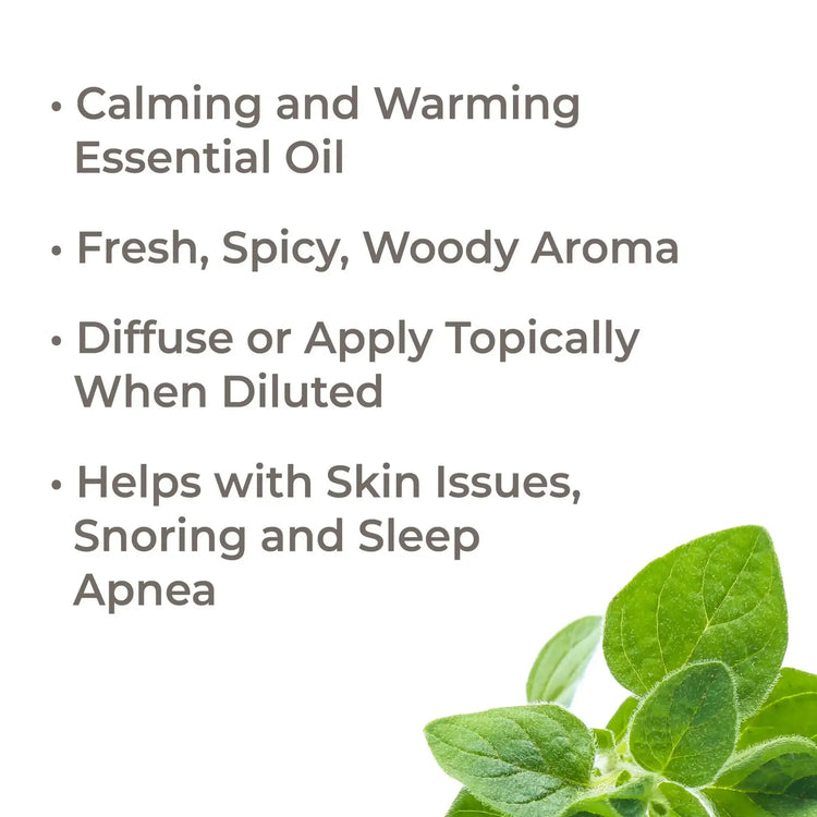 Essential oil benefits list with fresh green oregano leaves, calming and natural wellness keywords