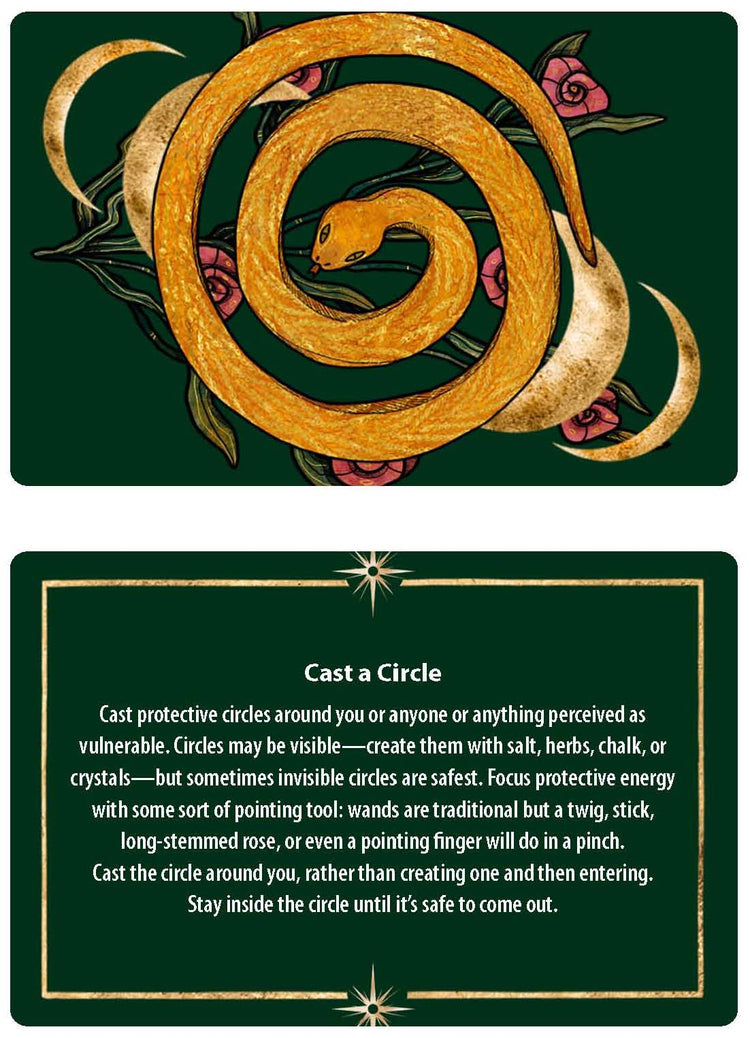 Tarot card with golden snake, crescent moons, roses, and 'Cast a Circle' protective ritual instructions