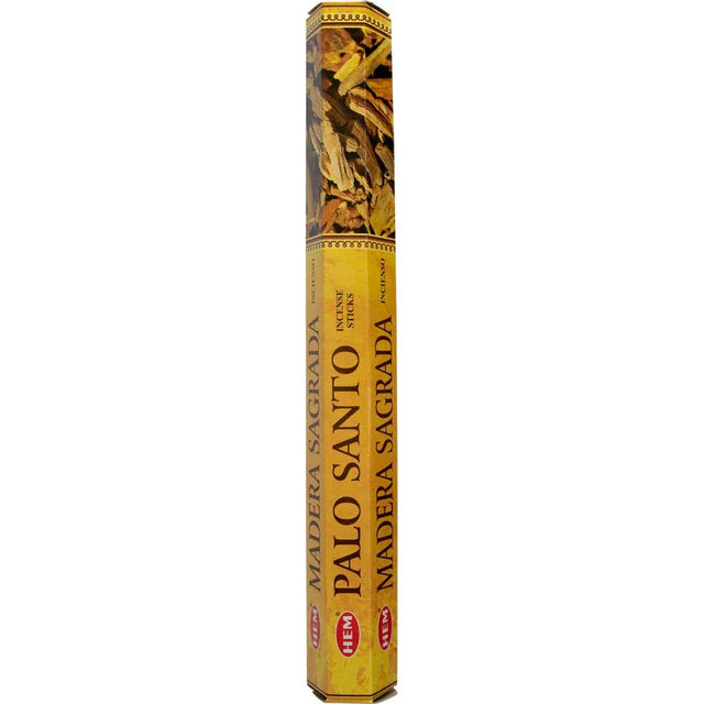 HEM Palo Santo incense sticks box with yellow packaging and wood image