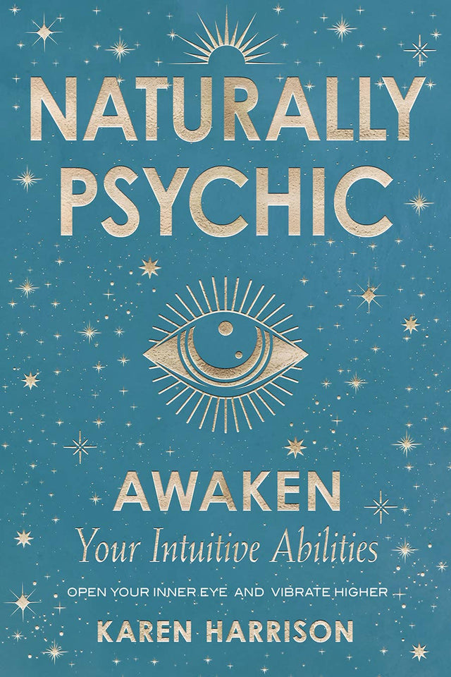 Blue book cover for 'Naturally Psychic' with eye illustration, stars, and mystical design.