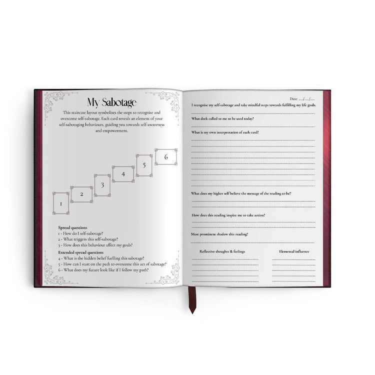 Open metaphysical journal showing tarot spread layout and self-reflection prompts for overcoming self-sabotage.