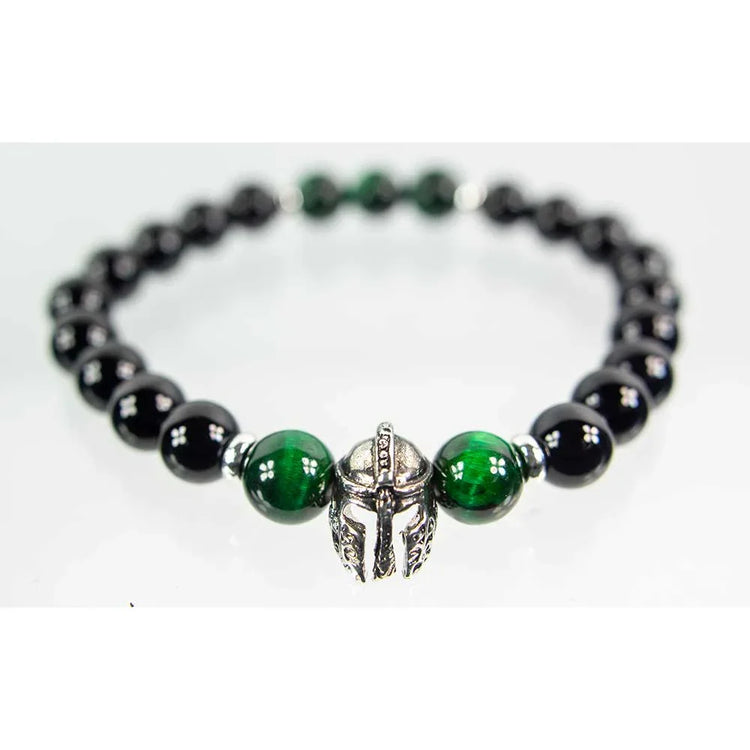 Black Agate/Tiger Eye & Warrior Helmet Elastic Bracelet 8mm Bead