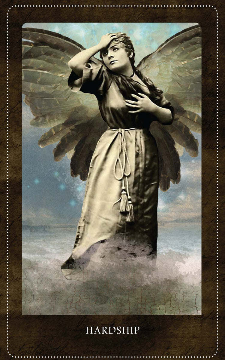 Tarot card showing distressed angel with brown wings and 'Hardship' text, mystical background
