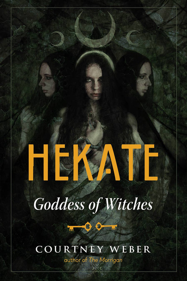 Hekate Goddess of Witches book cover with three women, crescent moons, mystical dark background