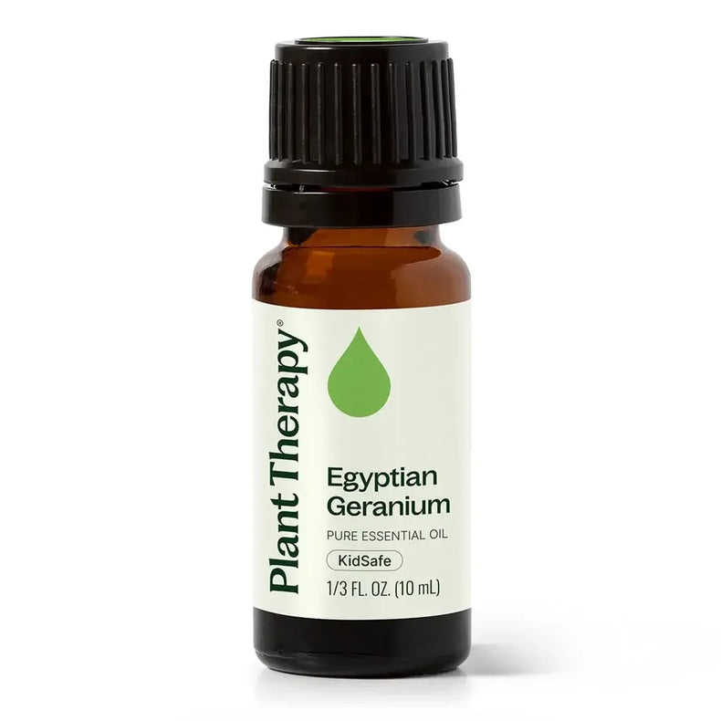 Plant Therapy Egyptian Geranium pure essential oil bottle, 10ml brown glass with label.