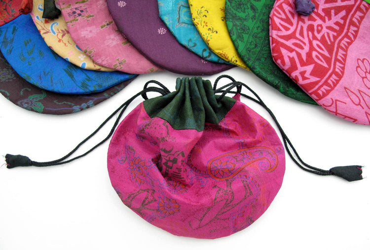 Colorful silk tarot card pouches with drawstrings, assorted patterns and vibrant colors