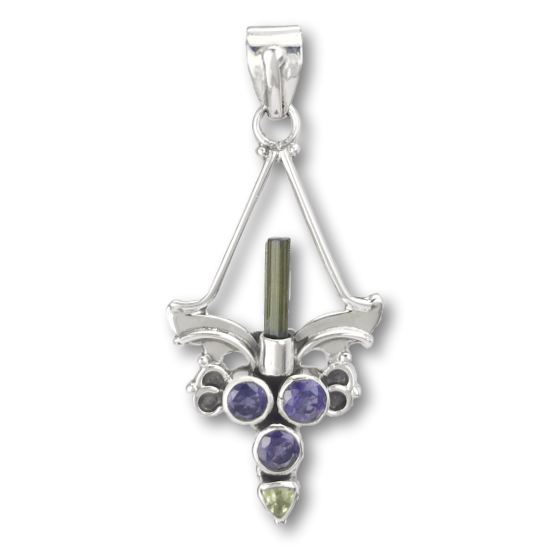 Silver pendant with purple and green gemstones, metaphysical jewelry for spiritual healing and energy work