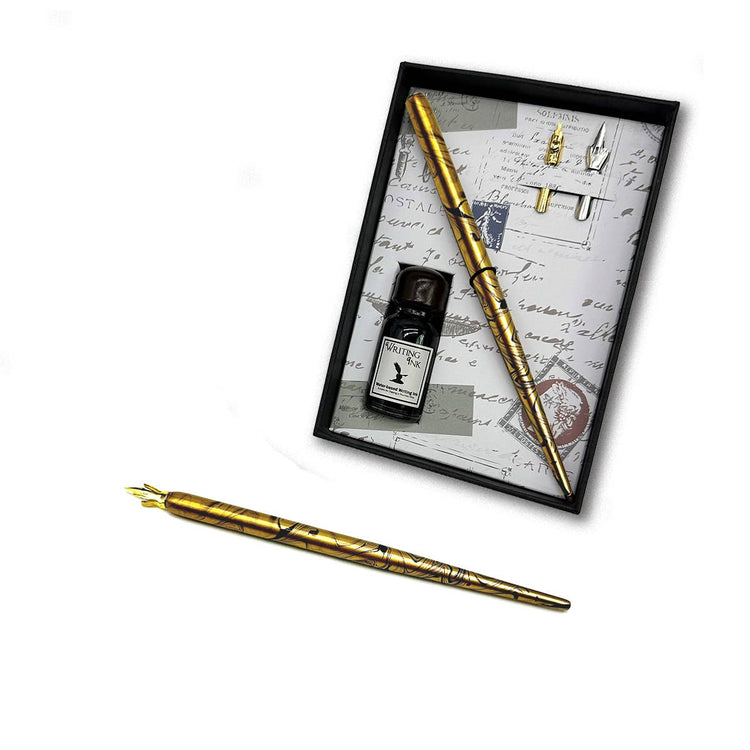 Calligraphy Dip Pen & Ink Starter Gift Set with Wood Pen: Brown Marble Pen with Sepia Ink