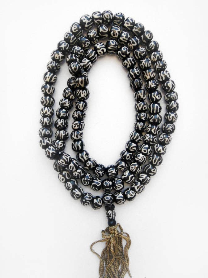 Carved Bone Mala- Batik Om
