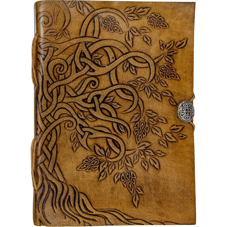 Embossed brown leather journal with Celtic tree of life design and metal clasp