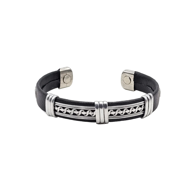 Solid Copper pvc Leather Wrapped Magnetic Bracelet Cuff: Silver Tone - B
