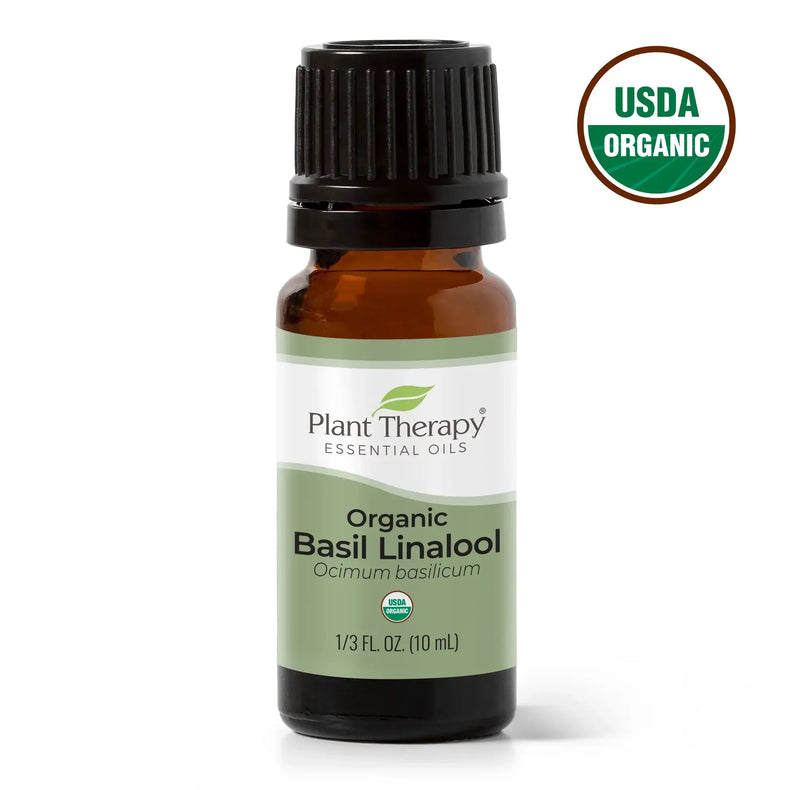 Plant Therapy Organic Basil Linalool essential oil 10ml bottle with USDA organic seal