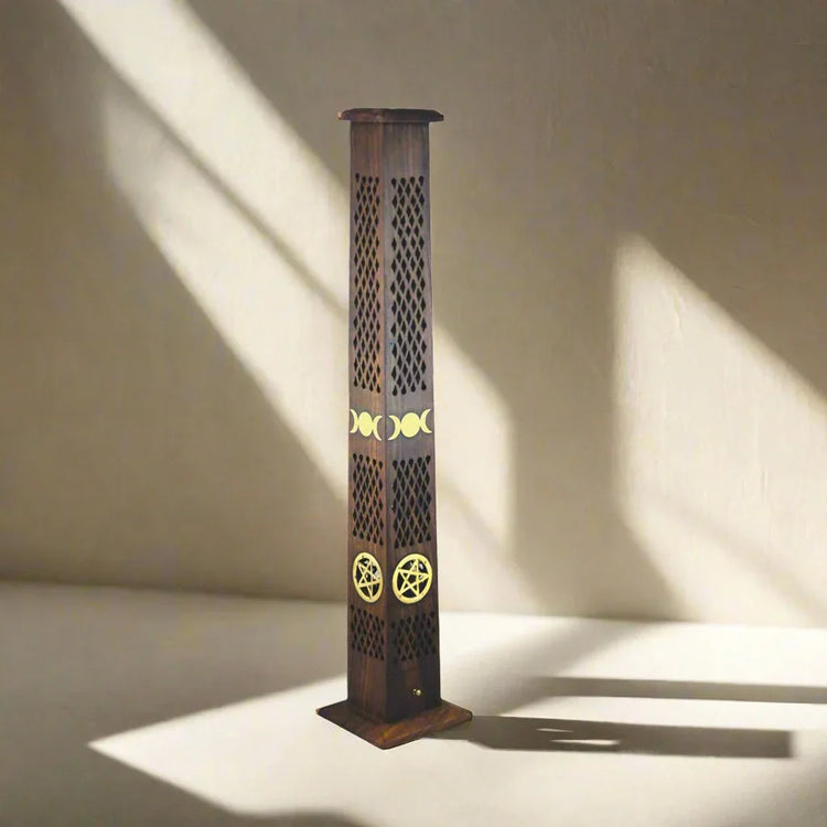 Large Hand Carved Wooden Incense Burner Tower - Pentacle