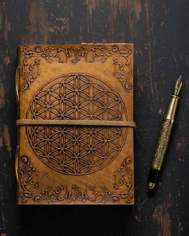 Embossed leather journal with flower of life and ornate corner designs, metaphysical stationery