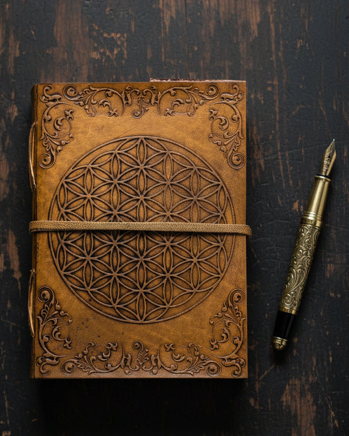 Embossed leather journal with flower of life and ornate corner designs, metaphysical stationery