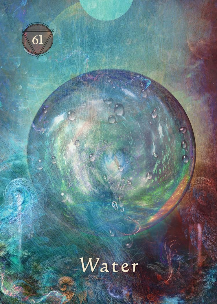 Tarot card featuring a water sphere with droplets, number 61, and mystical swirling blue hues.
