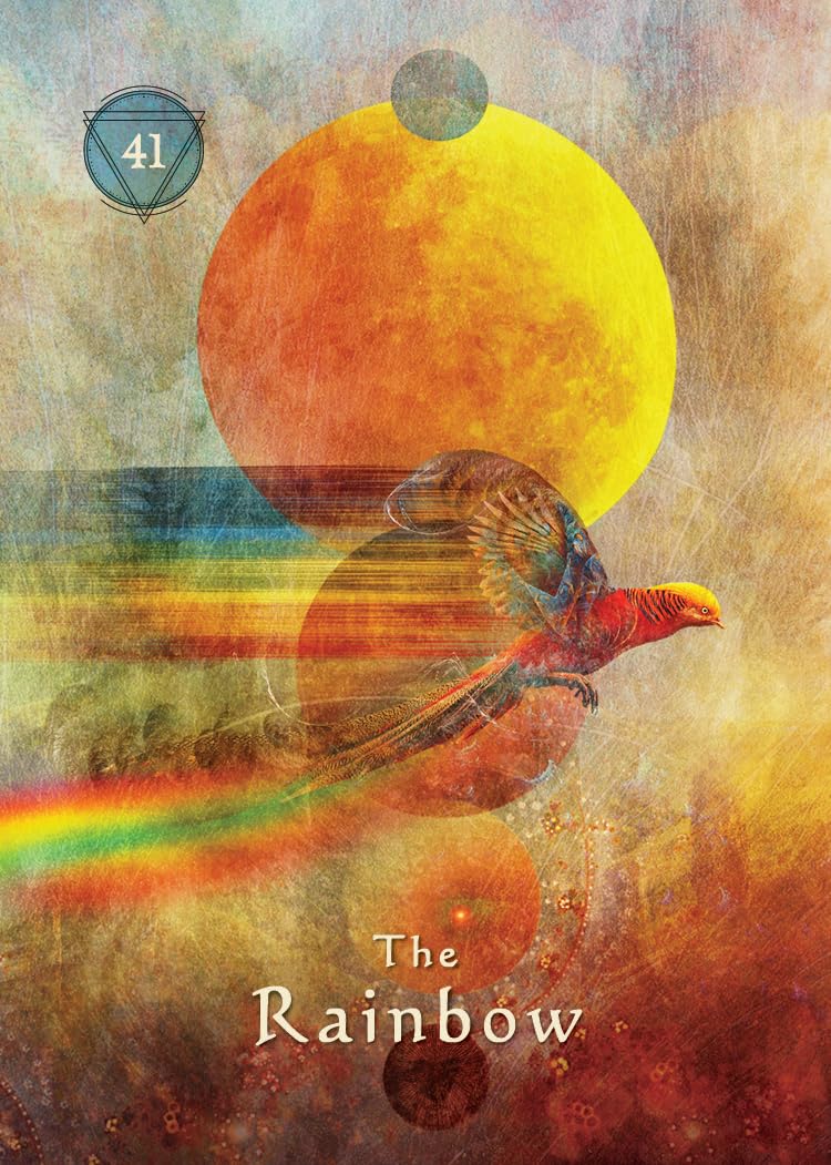 Colorful bird flying with a rainbow and large sun, tarot card labeled The Rainbow, number 41.