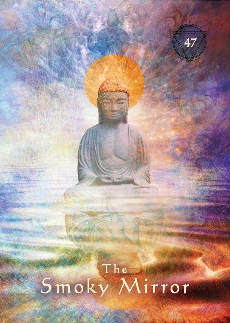 Buddha statue with golden halo, ethereal colorful background, tarot card 'The Smoky Mirror'