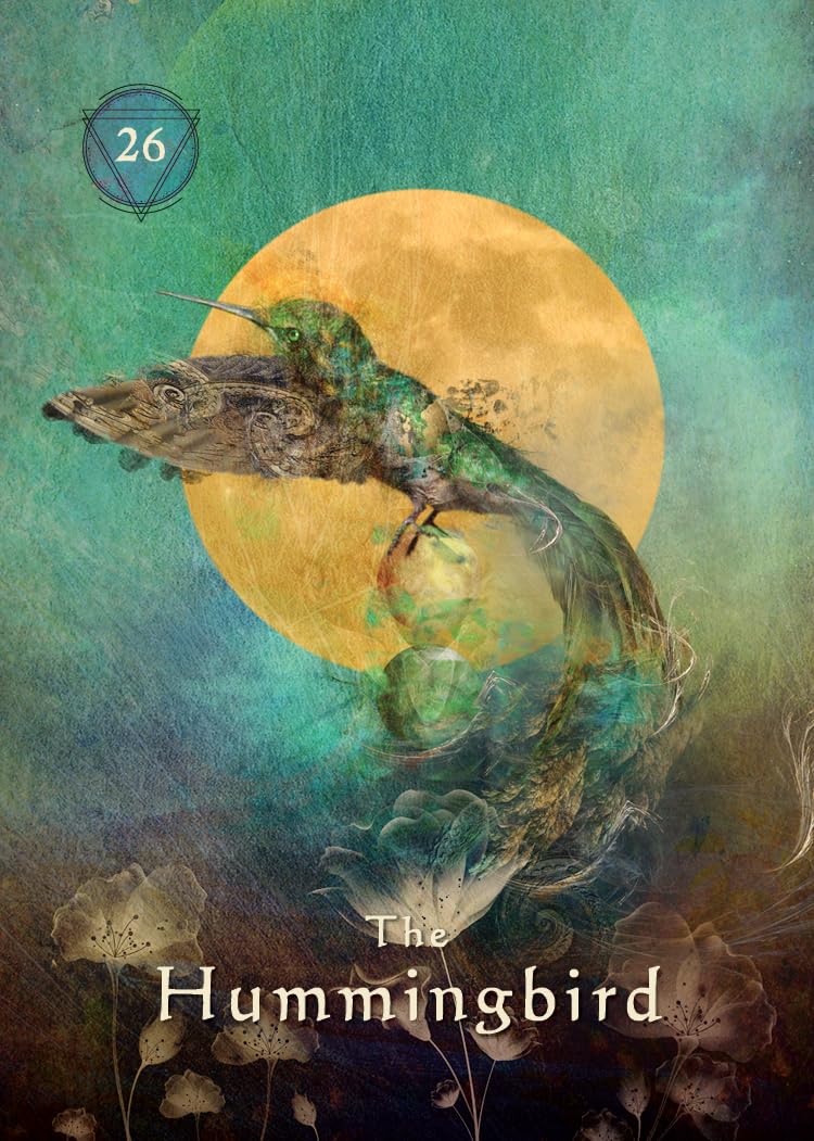 Mystical tarot card featuring a hummingbird with vibrant colors, sun, and floral accents.
