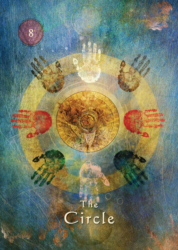 The Circle tarot card with colorful handprints around a golden mandala on textured blue background.