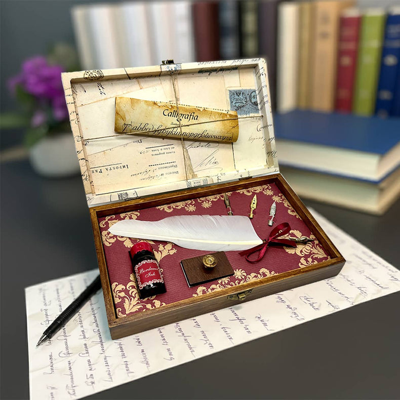 Calligraphy Feather Dip Pen Set in wooden box