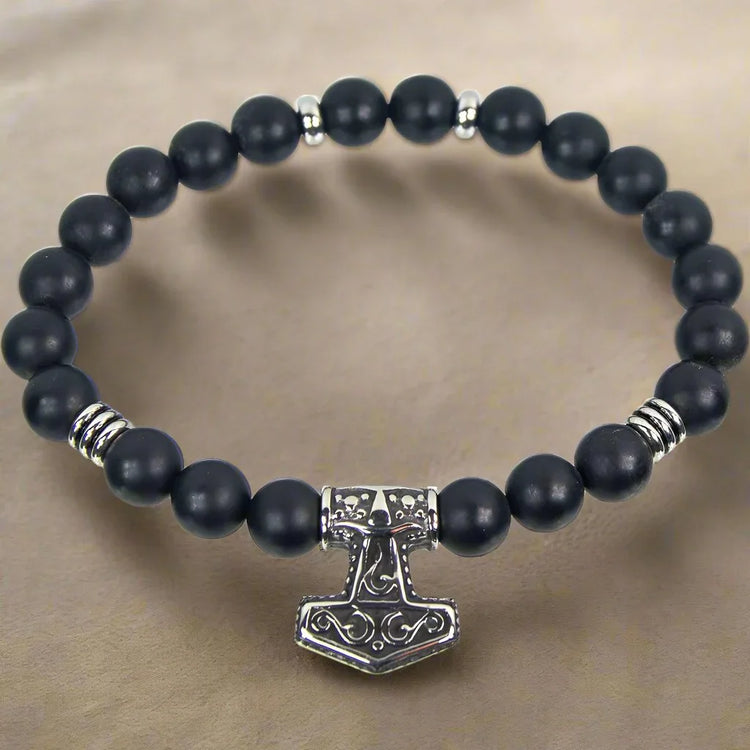 Matte Black Agate w/Viking Hammer Elastic Bracelet 10mm Bead