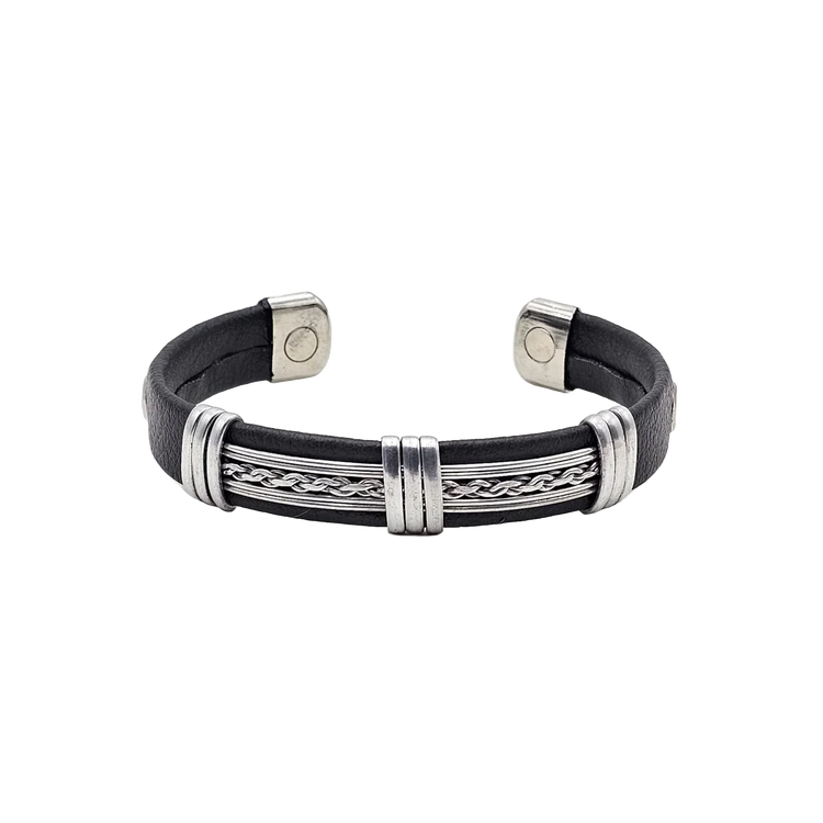 Solid Copper pvc Leather Wrapped Magnetic Bracelet Cuff: Silver Tone - B