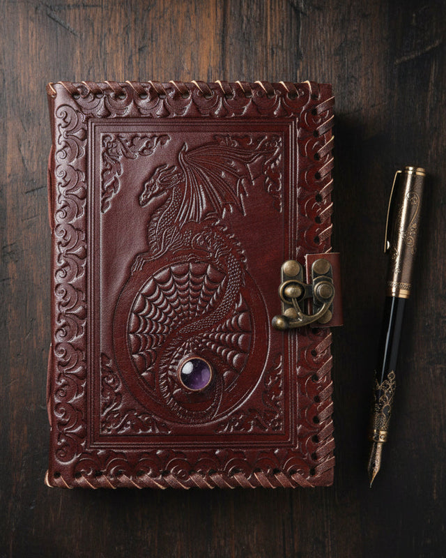 Embossed leather journal with dragon design, gemstone detail, and metal clasp for metaphysical use.