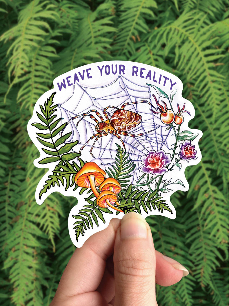 Spider Weaver vinyl sticker, an orb weaver spider in her web with ferns and a mushroom