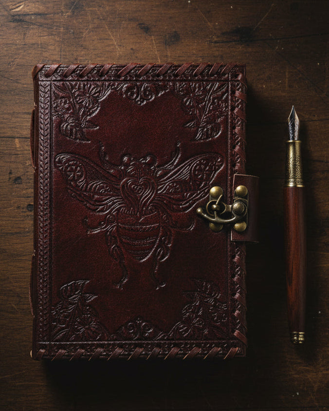 Brown leather journal with embossed bee design and metal clasp, metaphysical notebook